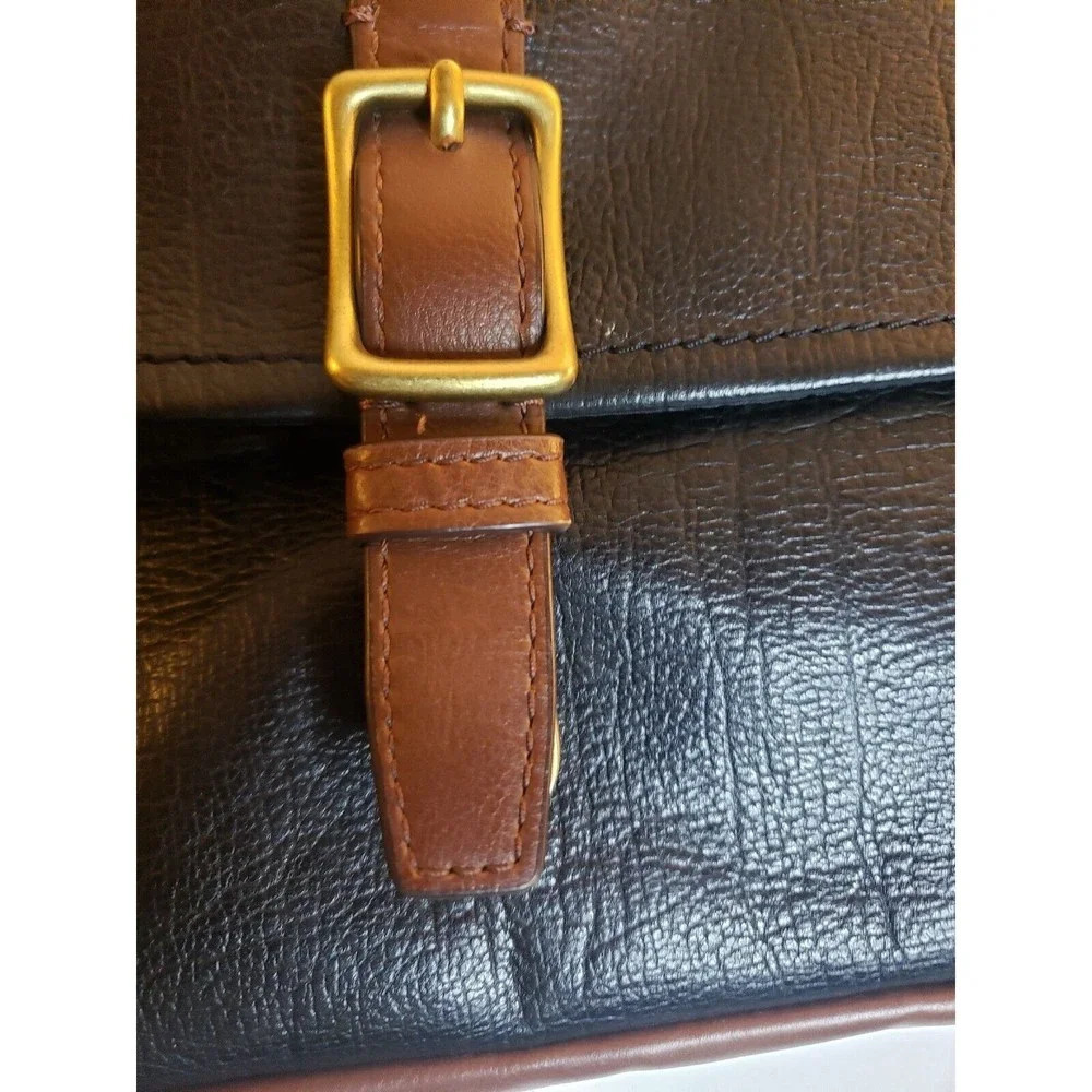 Fossil Evan Leather Commuter Crossbody Bag Black Brown Push Lock Closure 10x4" - Picture 2 of 10